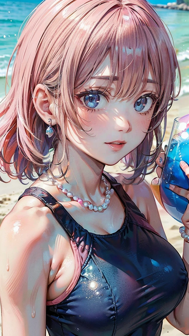 (Masterpiece, BestQuality:1.3), (ultra detailed:1.2), (hyperrealistic:1.3), (RAW photo:1.2), High detail RAW color photo, professional photograph, (Photorealistic:1.4), (realistic:1.4), professional lighting, perfect anatomy, (Big Breasts:1.2), (blush, detailed face), (cheerful Smile:1.5), (Pink Hair:1.5), Trending Hair&Trending Hairカラーをランダムに, earrings, necklace, bracelet, sexly, erotic sexly, Random sexy gravure poses, (A beautiful woman wearing a light blue one-piece swimsuit、Smiling and holding a beach ball at the beach。A simple pearl bracelet that shines on your wrist。: 1.3)