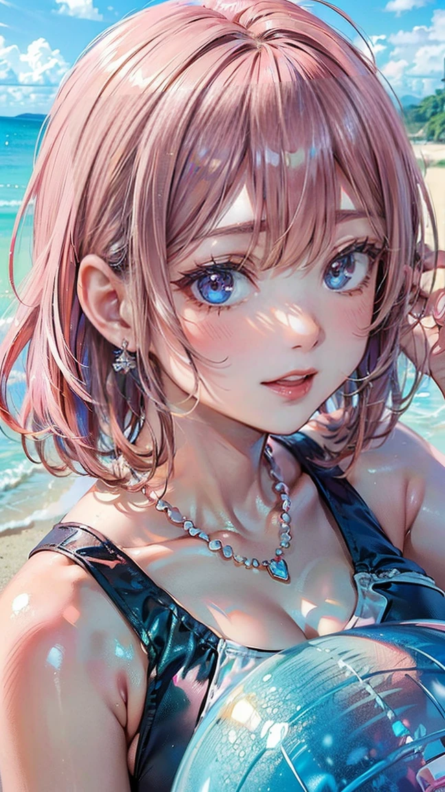 (Masterpiece, BestQuality:1.3), (ultra detailed:1.2), (hyperrealistic:1.3), (RAW photo:1.2), High detail RAW color photo, professional photograph, (Photorealistic:1.4), (realistic:1.4), professional lighting, perfect anatomy, (Big Breasts:1.2), (blush, detailed face), (cheerful Smile:1.5), (Pink Hair:1.5), Trending Hair&Trending Hairカラーをランダムに, earrings, necklace, bracelet, sexly, erotic sexly, Random sexy gravure poses, (A beautiful woman wearing a light blue one-piece swimsuit、Smiling and holding a beach ball at the beach。A simple pearl bracelet that shines on your wrist。: 1.3)