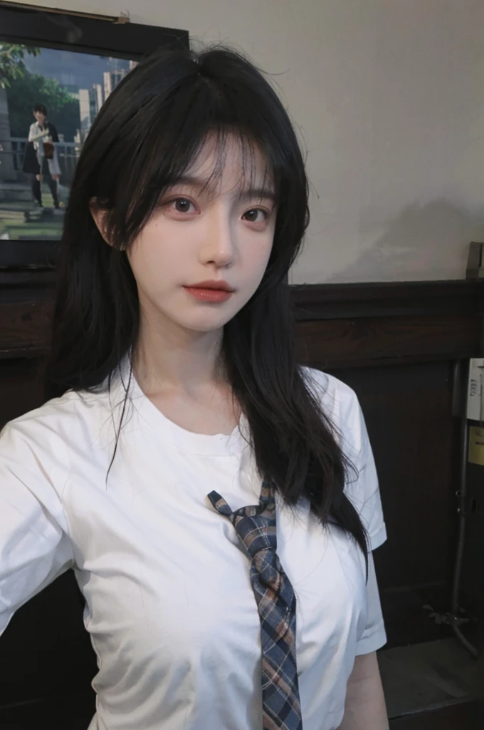Best quality,masterpiece,ultra high res,(photorealistic:1.4),1girl,sexy,(shirt and tie:1.2),(large breast:1.3),(upper body:1.4)