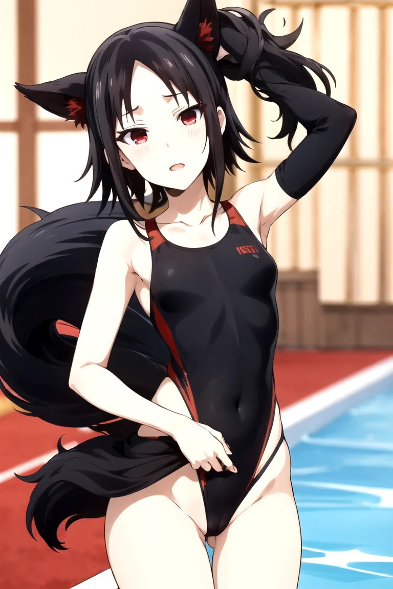 Shinomiya Kaguya, Shinomiyakaguya, Red eyes, small breasts, list brook, black fur, Red eyes, micro swimsuit, very tight swimsuit