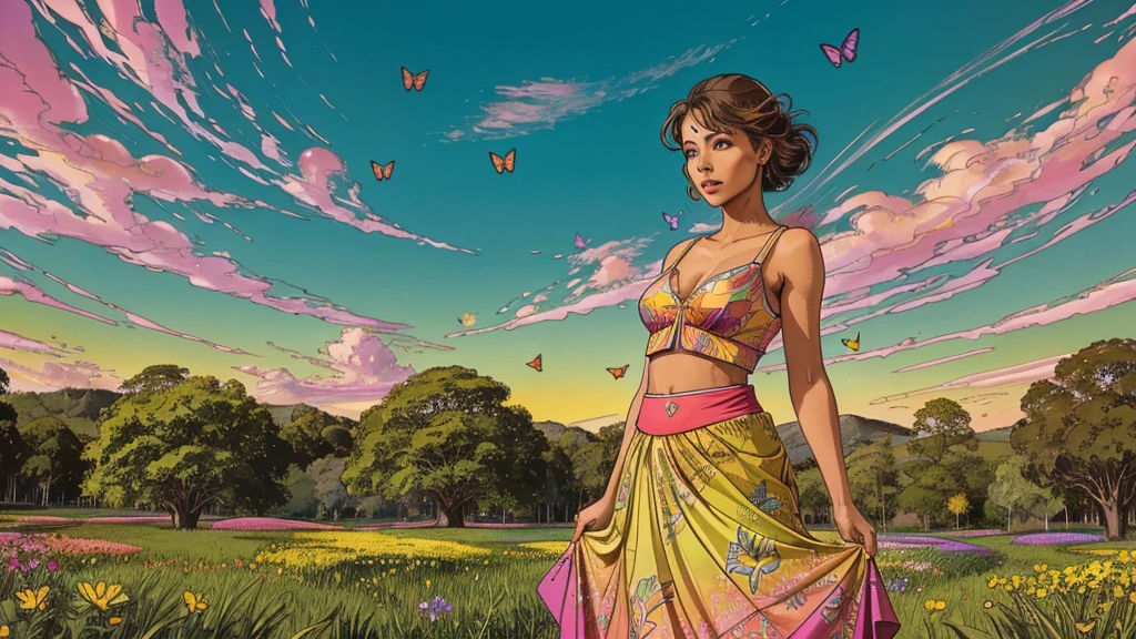 A photorealistic cute, slender aerobics instructor with very short brown hair, brown eyes, and dimples, standing confidently in a surreal natural landscape. She's wearing a flowing, elegant gown that complements her figure. The background features an impossibly vibrant meadow under a brilliant blue sky. Flowers of unearthly colors and fractal patterns bloom everywhere, their petals shifting and morphing in hypnotic ways. Giant, iridescent erflies with kaleidoscopic wings flutter by. Trees with spiral trunks reach towards a sun that seems to pulse with rainbow colors. Clouds take on impossible geometric shapes, morphing and dissolving. The air is filled with shimmering, colorful particles that seem to respond to thought. Vibrant colors include electric blues, neon pinks, luminous greens, and radiant golds, all more vivid than seems possible. The lighting is intense and dreamlike, as if reality itself is overexposed, casting no shadows. Broad strokes of bright, contrasting colors sweep across the sky, creating mesmerizing patterns - vibrant oranges, electric purples, and pulsating teals dance and swirl overhead.