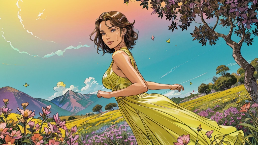 A photorealistic cute, slender aerobics instructor with very short brown hair, brown eyes, and dimples, standing confidently in a surreal natural landscape. She's wearing a flowing, elegant gown that complements her figure. The background features an impossibly vibrant meadow under a brilliant blue sky. Flowers of unearthly colors and fractal patterns bloom everywhere, their petals shifting and morphing in hypnotic ways. Giant, iridescent butterflies with kaleidoscopic wings flutter by. Trees with spiral trunks reach towards a sun that seems to pulse with rainbow colors. Clouds take on impossible geometric shapes, morphing and dissolving. The air is filled with shimmering, colorful particles that seem to respond to thought. Vibrant colors include electric blues, neon pinks, luminous greens, and radiant golds, all more vivid than seems possible. The lighting is intense and dreamlike, as if reality itself is overexposed, casting no shadows. Broad strokes of bright, contrasting colors sweep across the sky, creating mesmerizing patterns - vibrant oranges, electric purples, and pulsating teals dance and swirl overhead.