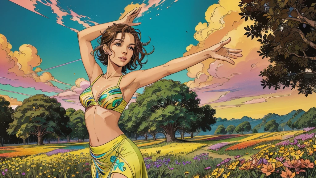 A photorealistic cute, slender aerobics instructor with very short brown hair, brown eyes, and dimples, standing confidently in a surreal natural landscape. She's wearing a flowing, elegant gown that complements her figure. The background features an impossibly vibrant meadow under a brilliant blue sky. Flowers of unearthly colors and fractal patterns bloom everywhere, their petals shifting and morphing in hypnotic ways. Giant, iridescent butterflies with kaleidoscopic wings flutter by. Trees with spiral trunks reach towards a sun that seems to pulse with rainbow colors. Clouds take on impossible geometric shapes, morphing and dissolving. The air is filled with shimmering, colorful particles that seem to respond to thought. Vibrant colors include electric blues, neon pinks, luminous greens, and radiant golds, all more vivid than seems possible. The lighting is intense and dreamlike, as if reality itself is overexposed, casting no shadows. Broad strokes of bright, contrasting colors sweep across the sky, creating mesmerizing patterns - vibrant oranges, electric purples, and pulsating teals dance and swirl overhead.