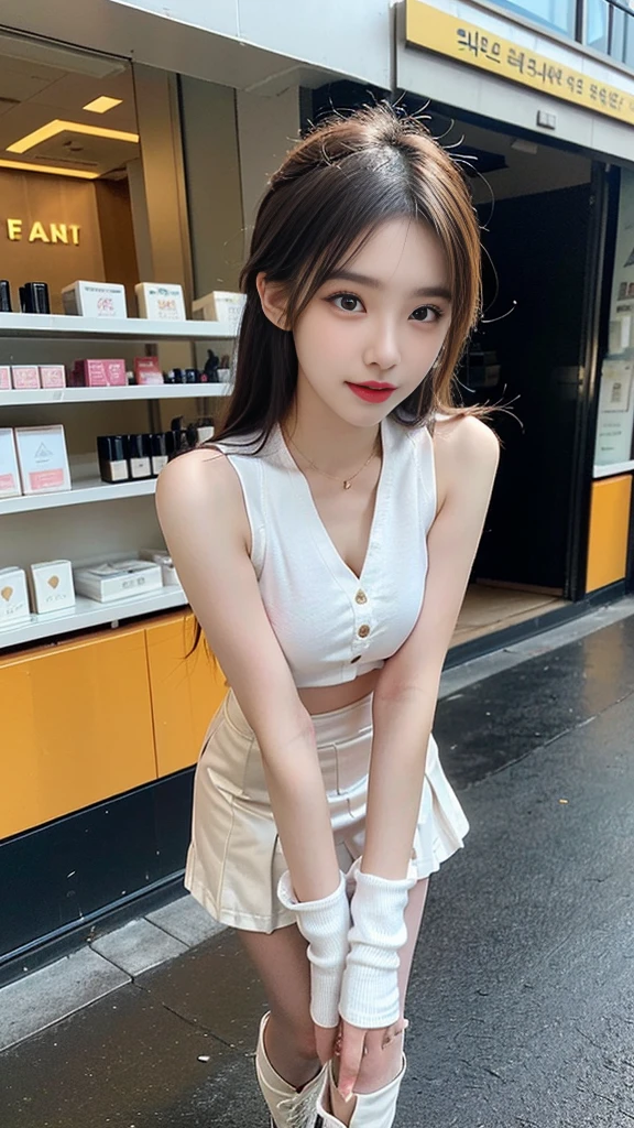 (((random composition : 1.2))), (realistic), (intricate details:1.2), (masterpiece、:1.3), (top quality:1.4), (Ultra A high resolution:1.2), Ultra A high resolution, 8K resolution, very detailed expression, (high quality), complete anatomy, natural anatomy, (full body photo:1.2), (1 korean girl), (In front of a cosmetics store), (Dance femininely and sexyly : 1.4),(wearing a microphone),(I am doing promotional narration while dancing K-pop..:1.4), (Event girl dispatched for business promotion purposes : 1.6), she is 21 years old, (she is korean:1.6), (beautiful : 1.4), (brightly colored hair), (Narrator model : 1.4), (Companion),(event assistant), (big earrings), (in-ear microphone : 1.4), heavy makeup, cheerful expression, choker necklace, long legs, (The girl is wearing a slim, sleeveless racing girl uniform and a tight, shiny miniskirt.. : 1.4), (She is wearing flesh-colored shiny pantyhose under her skirt and white boots that go over her knees.. :1.4), glowing skin, passionate promotional model, friendly smile, (Making eye contact with each other :1.4), kidney practitioner, In front of the shopping mall, multiple wreaths, event roulette, signboard, event product promotion, Lots of people passing by on the street and paying attention to her., 행인으로 북적이는 In front of the shopping mall에서