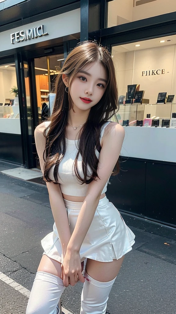 (((random composition : 1.2))), (realistic), (intricate details:1.2), (masterpiece、:1.3), (top quality:1.4), (Ultra A high resolution:1.2), Ultra A high resolution, 8K resolution, very detailed expression, (high quality), complete anatomy, natural anatomy, (full body photo:1.2), (1 korean girl), (In front of a cosmetics store), (Dance femininely and sexyly : 1.4),(wearing a microphone),(I am doing promotional narration while dancing K-pop..:1.4), (Event girl dispatched for business promotion purposes : 1.6), she is 21 years old, (she is korean:1.6), (beautiful : 1.4), (brightly colored hair), (Narrator model : 1.4), (Companion),(event assistant), (big earrings), (in-ear microphone : 1.4), heavy makeup, cheerful expression, choker necklace, long legs, (The girl is wearing a slim, sleeveless racing girl uniform and a tight, shiny miniskirt.. : 1.4), (She is wearing flesh-colored shiny pantyhose under her skirt and white boots that go over her knees.. :1.4), glowing skin, passionate promotional model, friendly smile, (Making eye contact with each other :1.4), kidney practitioner, In front of the shopping mall, multiple wreaths, event roulette, signboard, event product promotion, Lots of people passing by on the street and paying attention to her., 행인으로 북적이는 In front of the shopping mall에서