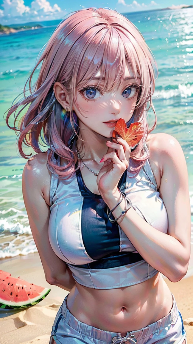 (Masterpiece, BestQuality:1.3), (ultra detailed:1.2), (hyperrealistic:1.3), (RAW photo:1.2), High detail RAW color photo, professional photograph, (Photorealistic:1.4), (realistic:1.4), professional lighting, perfect anatomy, (Big Breasts:1.2), (blush, detailed face), (cheerful Smile:1.5), (Pink Hair:1.5), Trending Hair&Trending Hairカラーをランダムに, earrings, necklace, bracelet, sexly, erotic sexly, Random sexy gravure poses, ( A beautiful woman wearing a blue crop top and white shorts、Winking while eating watermelon on the beach。A silver bracelet shines on your wrist。: 1.3)