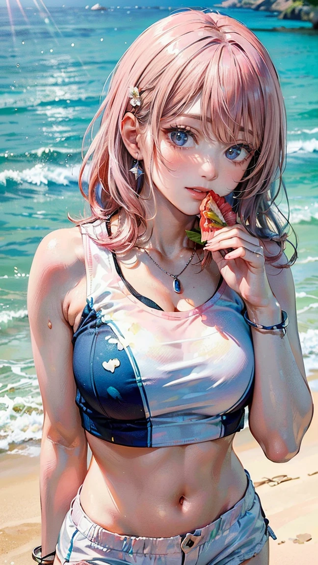 (Masterpiece, BestQuality:1.3), (ultra detailed:1.2), (hyperrealistic:1.3), (RAW photo:1.2), High detail RAW color photo, professional photograph, (Photorealistic:1.4), (realistic:1.4), professional lighting, perfect anatomy, (Big Breasts:1.2), (blush, detailed face), (cheerful Smile:1.5), (Pink Hair:1.5), Trending Hair&Trending Hairカラーをランダムに, earrings, necklace, bracelet, sexly, erotic sexly, Random sexy gravure poses, ( A beautiful woman wearing a blue crop top and white shorts、Winking while eating watermelon on the beach。A silver bracelet shines on your wrist。: 1.3)