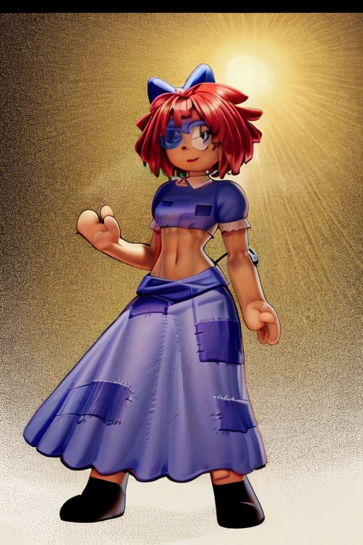 ragatha with abs and a bare midriff wearing a crop top of her default dress with long skirt, trending on artstation, digital artwork, 4k, hair bow, short sleeves, dress with patches, short hair, button eyepatch