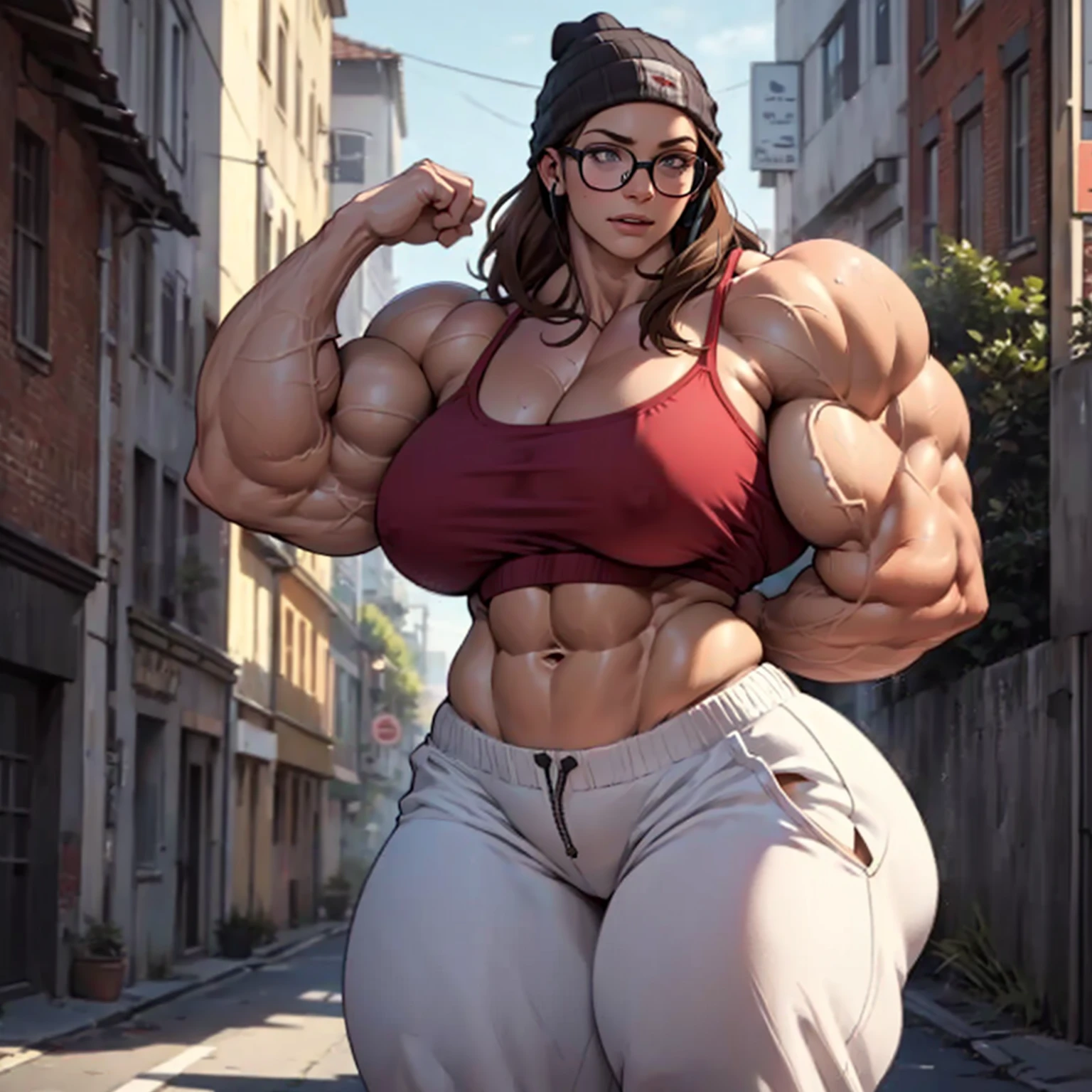 masterpiece, realistic, detailed, young mother, (hypermuscle:1.8), long straight brown hair, bralette, realistic face, (confident expression:1.2), beanie, small waist, massive thighs, glasses, joggers, headphones, (detailed face, beautiful face, realistic face)