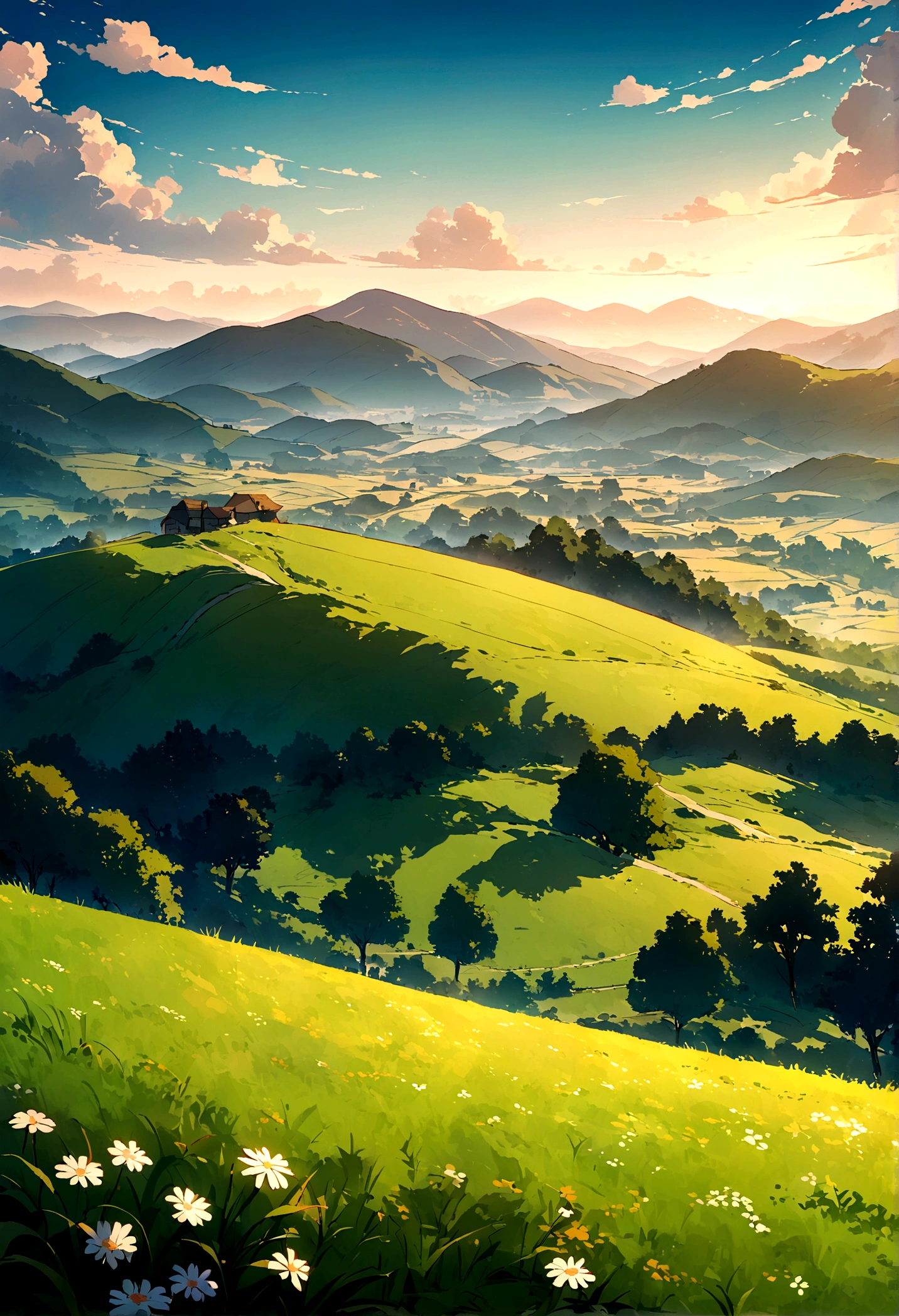 The hills are spread out in layers，See the big picture，Blue and black color scheme，Pointillism，Illustration Style，Moonlit hills，Peace and tranquility，Fresh and natural，Vast lawns in hilly areas，The hills stretch from near to far into the sky，style of makoto shinkai，landscape，high quality，Grass on the hill