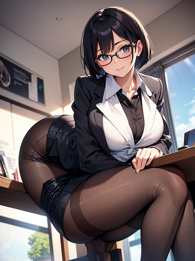 masterpiece, best quality, high definition images, atmospheric perspective, expressive eyes, perfect face, ultra detailed, solo, 1mature seductive woman showing panties on purpose, kind smile, pinup, sexy pose, alluring pose, female teacher, black short bob hair, simple glasses, business suit, jacket, blouse, pencil skirt, tight mini skirt, lifting skirt, open legs, black panties, curvy, thighs, pantyhose, high heals, from below, in study room,