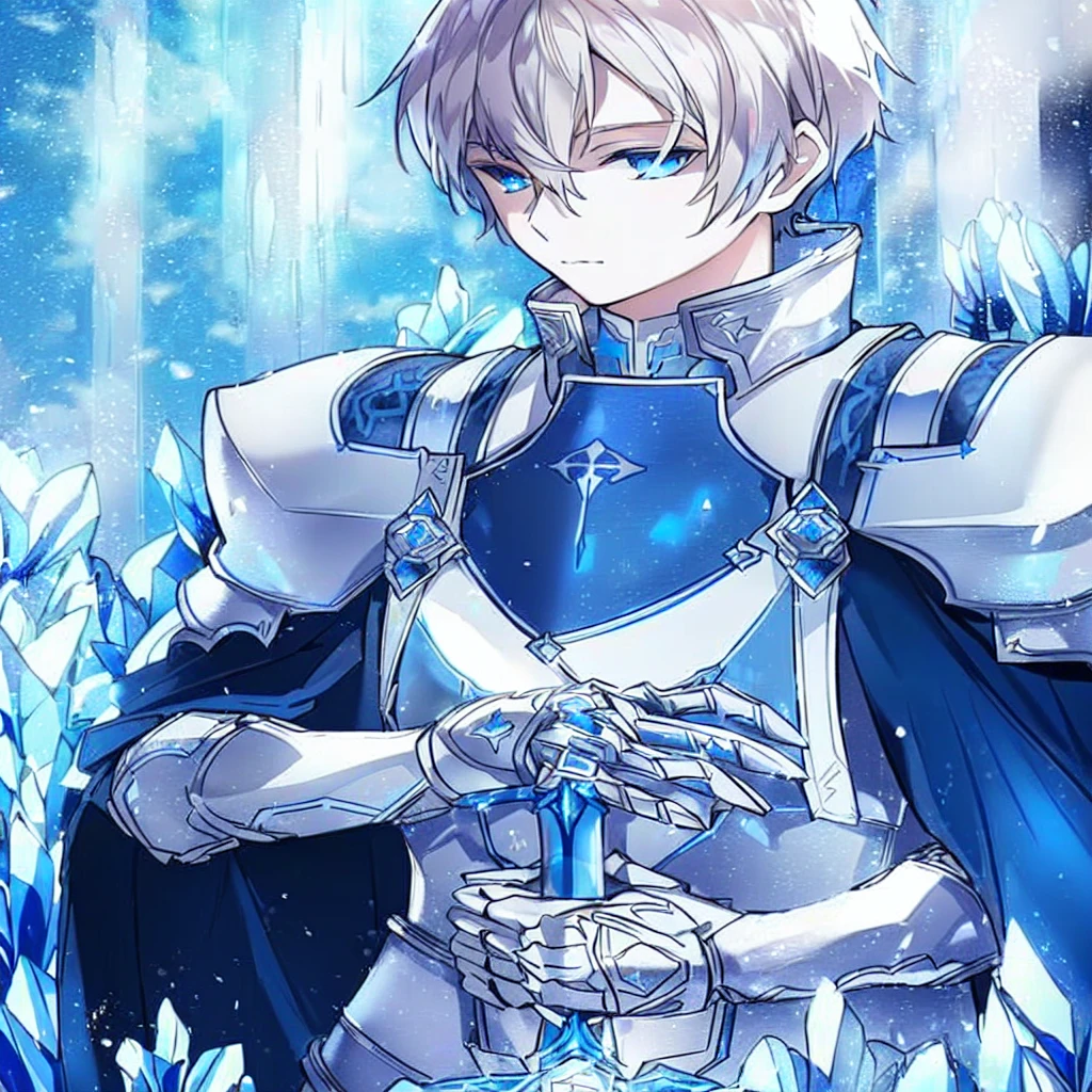 blue and ice silver color armor, wearing shining armor, masterpiece, 4k, eugeo (sword art online), 1 boy, knight, black and white