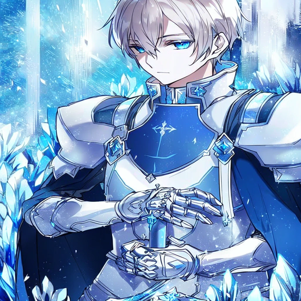 blue and ice silver color armor, wearing shining armor, masterpiece, 4k, eugeo (sword art online), 1 boy, knight, black and white