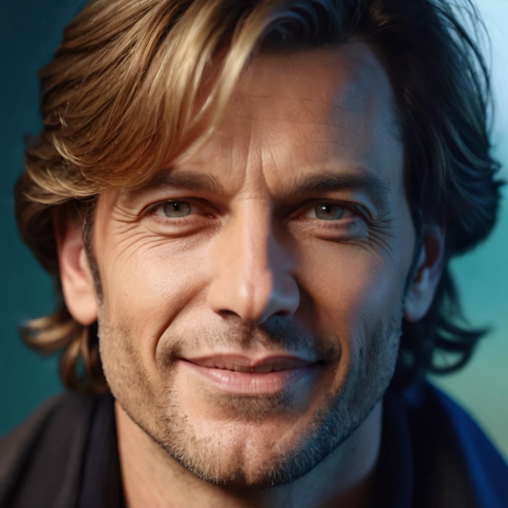 a dynamic photorealistic close-up portrait of a 40 years old LEONARD GIGARD, frontal view, of french-german origin, caucasian male, light skin, dark blonde hairs, perfect anatomies, detailed face, detailed skin, detailed eyes and mouth, well aligned teeth, high quality, 4k resolution, photographic, hyperrealistic, a vibrant colored background, blurry background, color graded background, more detail XL, photorealistic,