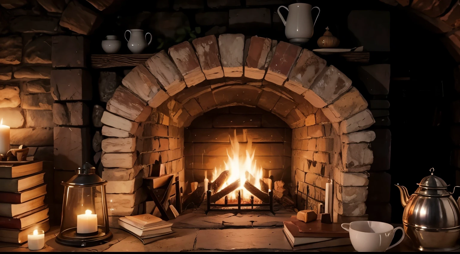 a magical hobbit fireplace, round hole, brick work, full of hobbit objects, magic ambient, cozy, incredible, 3d ambient, cup of tea, books, candles, hobbit middle-earth, the shire