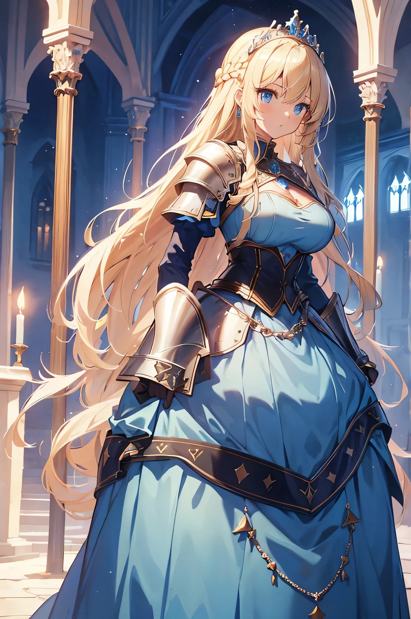 4K,High resolution,One Woman,Blonde,long hair,Braid,Blue Eyes,Big Breasts,Princess Knight,Light blue princess dress,knight armor,Full Armor,Princess Tiara,Jewelry decoration,Holy Sword,Medieval castle