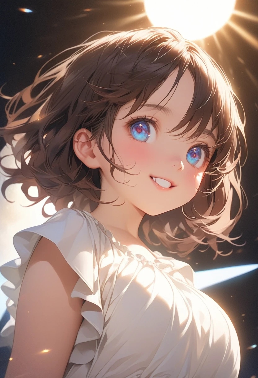 masterpiece, Upper body shot from below, An attractive 10 year old petit little loli:1.3、independent、look forward to、Light eye makeup、Brown bob-cut Hair、short Hair blowing in the wind、Quality of actress、Shiny, Ultra-realistic cute face、smile、anime style big eye、look up、Pleasant lighting effects、 Ultra-Realistic Capture、Very detailed、High resolution 16k human skin closeup, Skin texture must be natural、Must be so detailed that pores are visible、white glowing skin is healthy、It must be in the style of dress 、Use natural light and color、High quality photos taken by modeling agencies, Exclusive photographer、smile, Loose-fitting, lightweight white dress , Shoulder out, Very good, No sleeve, gigantic huge breasts , high beams, cute childish Body, pretty infant:1.3