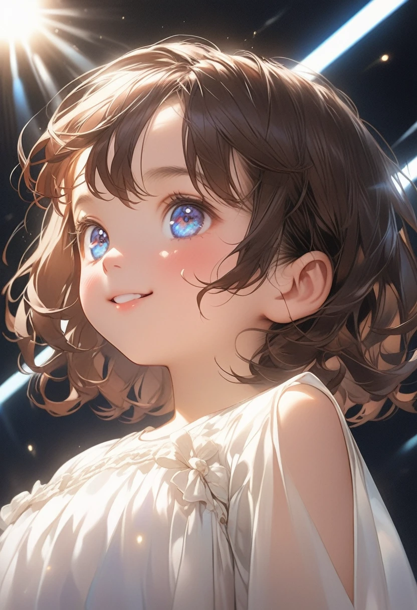 masterpiece, Upper body shot from below, An attractive 10 year old petit little loli:1.3、independent、look forward to、Light eye makeup、Brown bob-cut Hair、short Hair blowing in the wind、Quality of actress、Shiny, Ultra-realistic cute face、smile、anime style big eye、look up、Pleasant lighting effects、 Ultra-Realistic Capture、Very detailed、High resolution 16k human skin closeup, Skin texture must be natural、Must be so detailed that pores are visible、white glowing skin is healthy、It must be in the style of dress 、Use natural light and color、High quality photos taken by modeling agencies, Exclusive photographer、smile, Loose-fitting, lightweight white dress , Shoulder out, Very good, No sleeve, gigantic huge breasts , high beams, cute childish Body, pretty infant:1.3