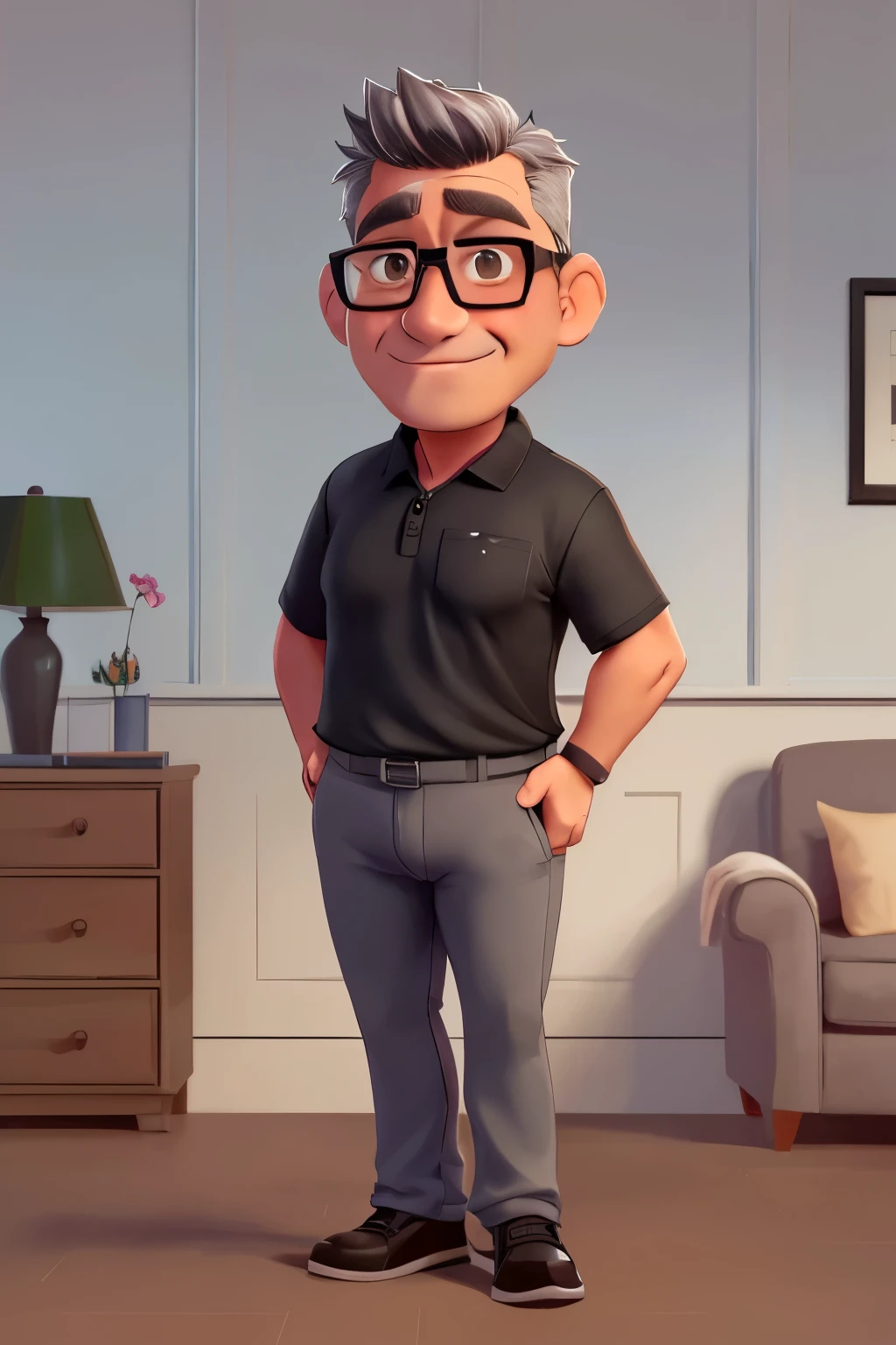 An attractive 50-year-old man. Lightly tanned skin. chubby, Full body. He is wearing pants, a black polo shirt. He has blue rectangular reading glasses. He has gray crew cut hair. The image has perfectly defined lips and detailed hazel eyes.