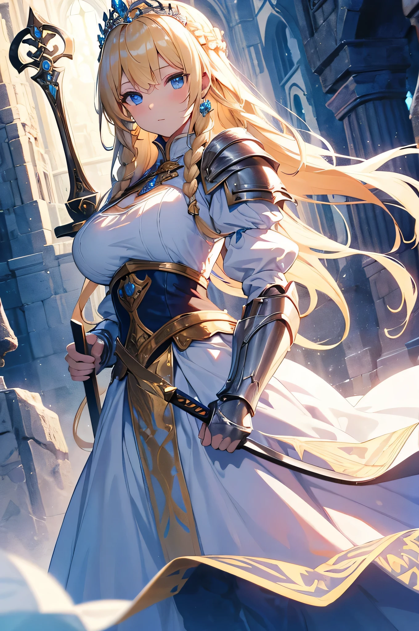 4K,High resolution,One Woman,Blonde,long hair,Braid,Blue Eyes,Big Breasts,Princess Knight,Light blue princess dress,knight armor,Full Armor,Princess Tiara,Jewelry decoration,Holy Sword,Medieval castle