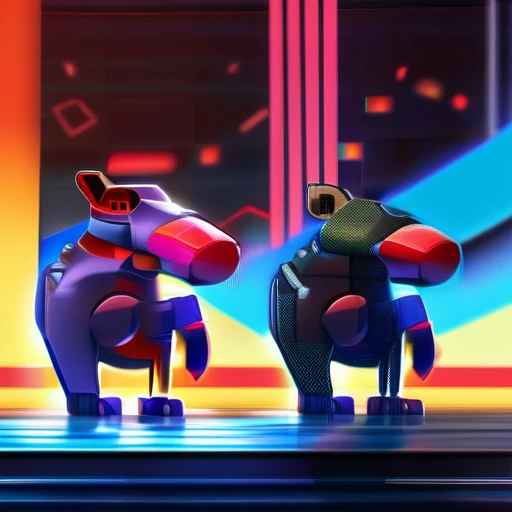 ASCIImasterpiece cartoon of two (((cyberpunk))) cute capybaras with guns, bionic (prosthetic arm), glowing red eyes, ((futuristic, dystopian, neon colours)), symmetrical, highly detailed, digital painting, artstation, concept art, sharp focus, illustration, volumetric lighting, epic Composition, 8k, oil painting, cgsociety