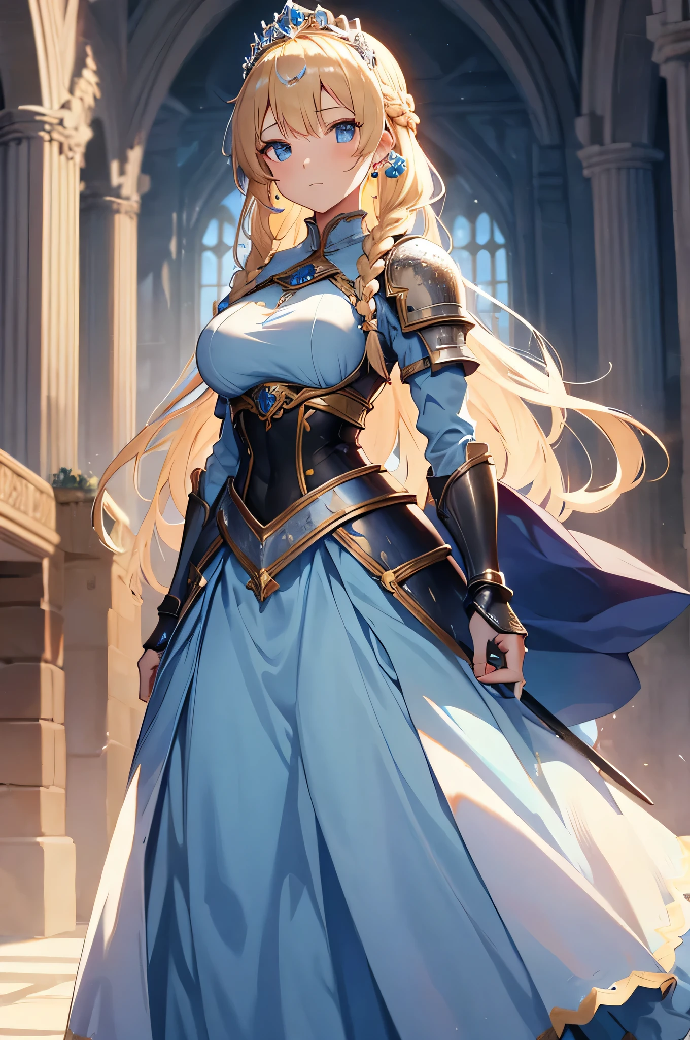 4K,High resolution,One Woman,Blonde,long hair,Braid,Blue Eyes,Big Breasts,Princess Knight,Light blue princess dress,knight armor,Full Armor,Princess Tiara,Jewelry decoration,Holy Sword,Medieval castle