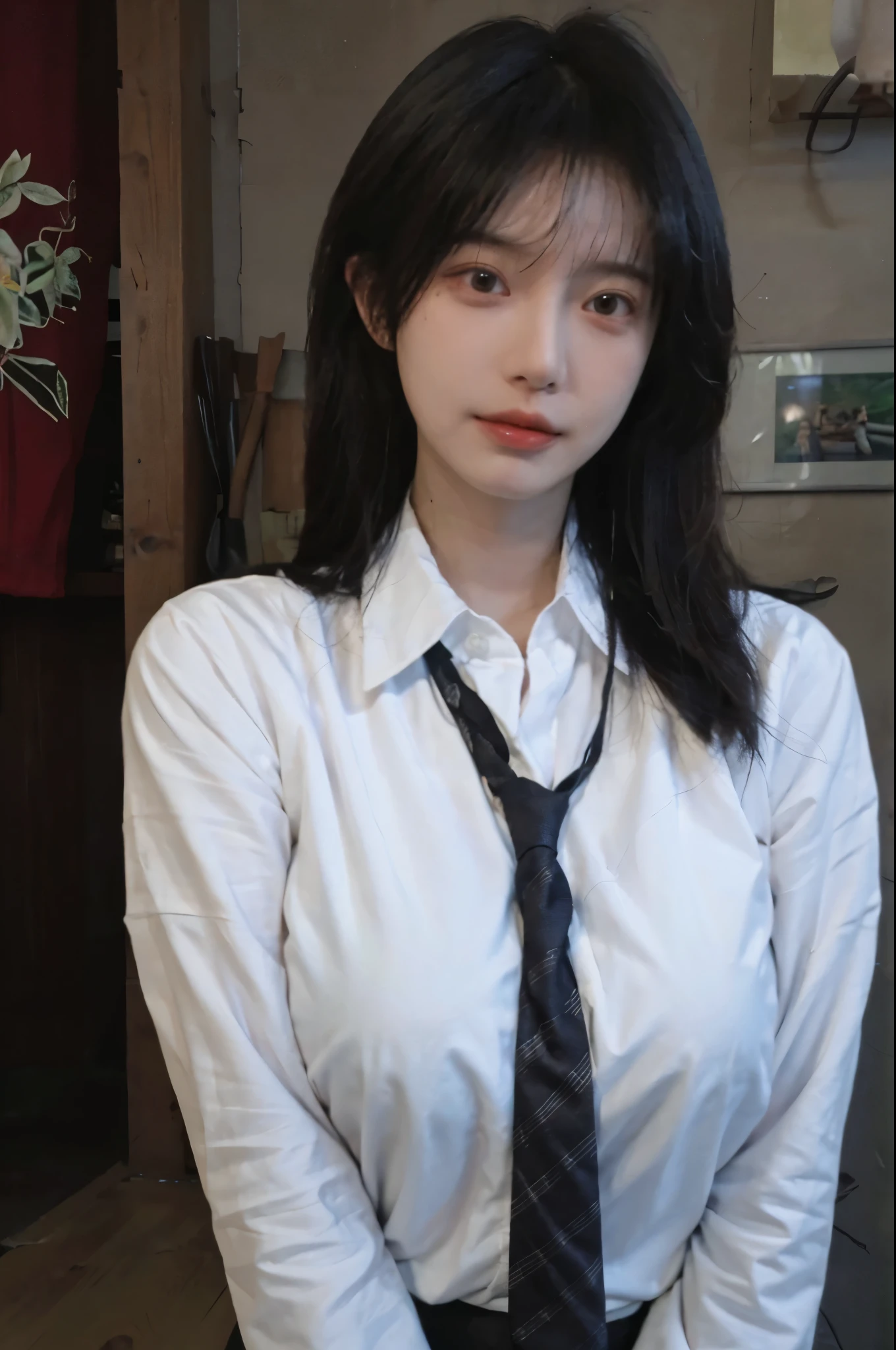 Best quality,masterpiece,ultra high res,(photorealistic:1.4),1girl,sexy,(shirt and tie:1.2),(large breast:1.3),(upper body:1.4)