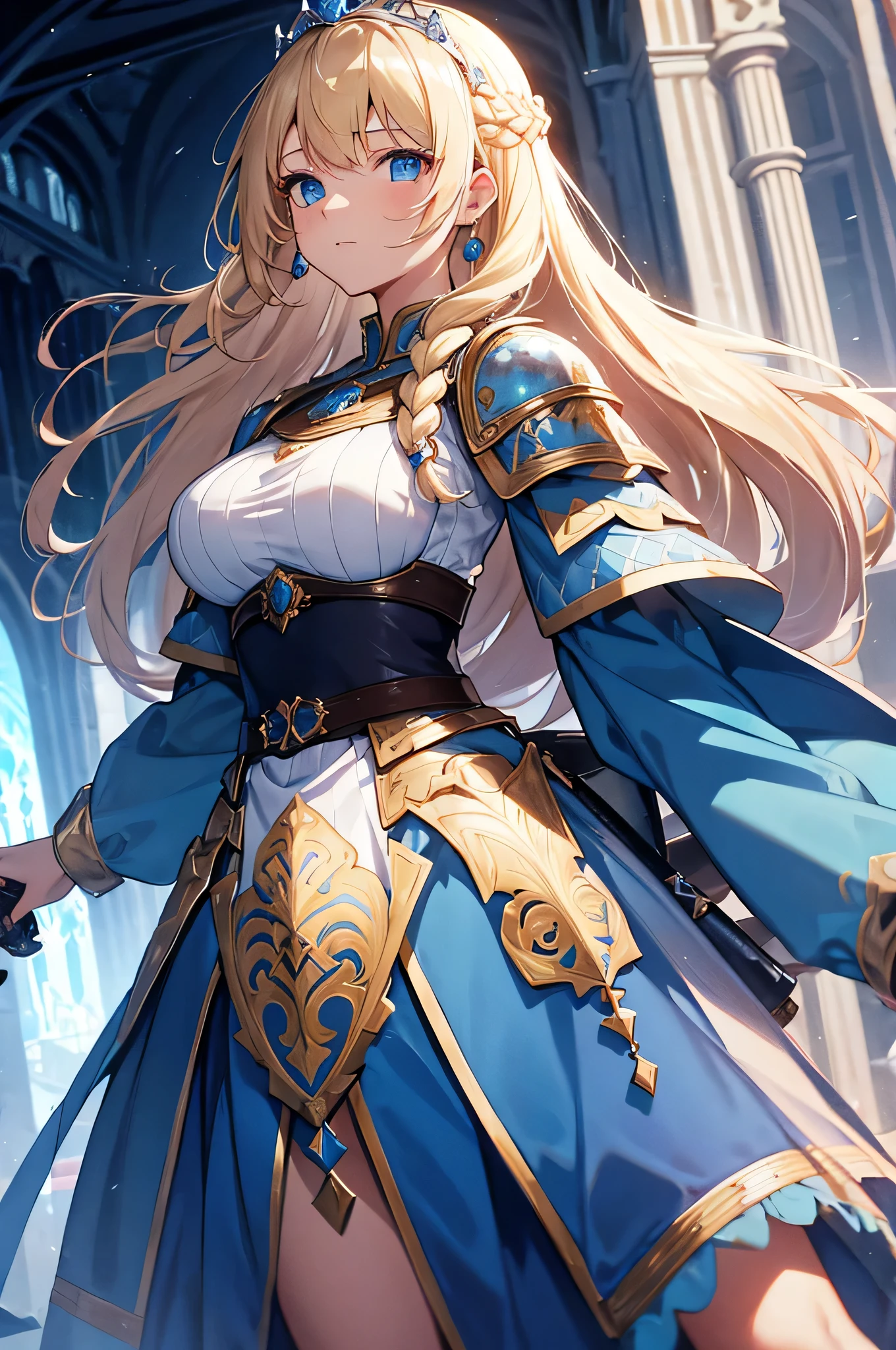 4K,High resolution,One Woman,Blonde,long hair,Braid,Blue Eyes,Big Breasts,Princess Knight,Light blue princess dress,knight armor,Full Armor,Princess Tiara,Jewelry decoration,Holy Sword,Medieval castle