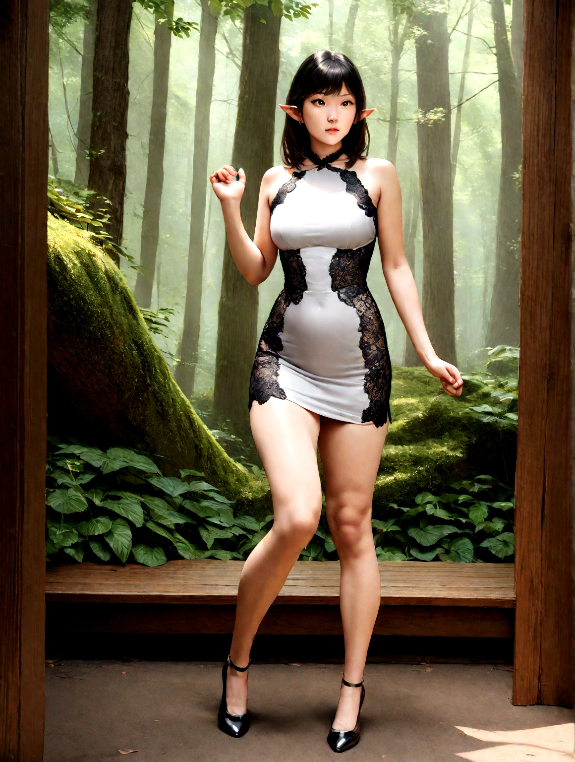 In the bright forest, elf standing、luxury lace  dress, The Legend of Zelda、photorealistic, masterpiece, best quality, photo, full body shot