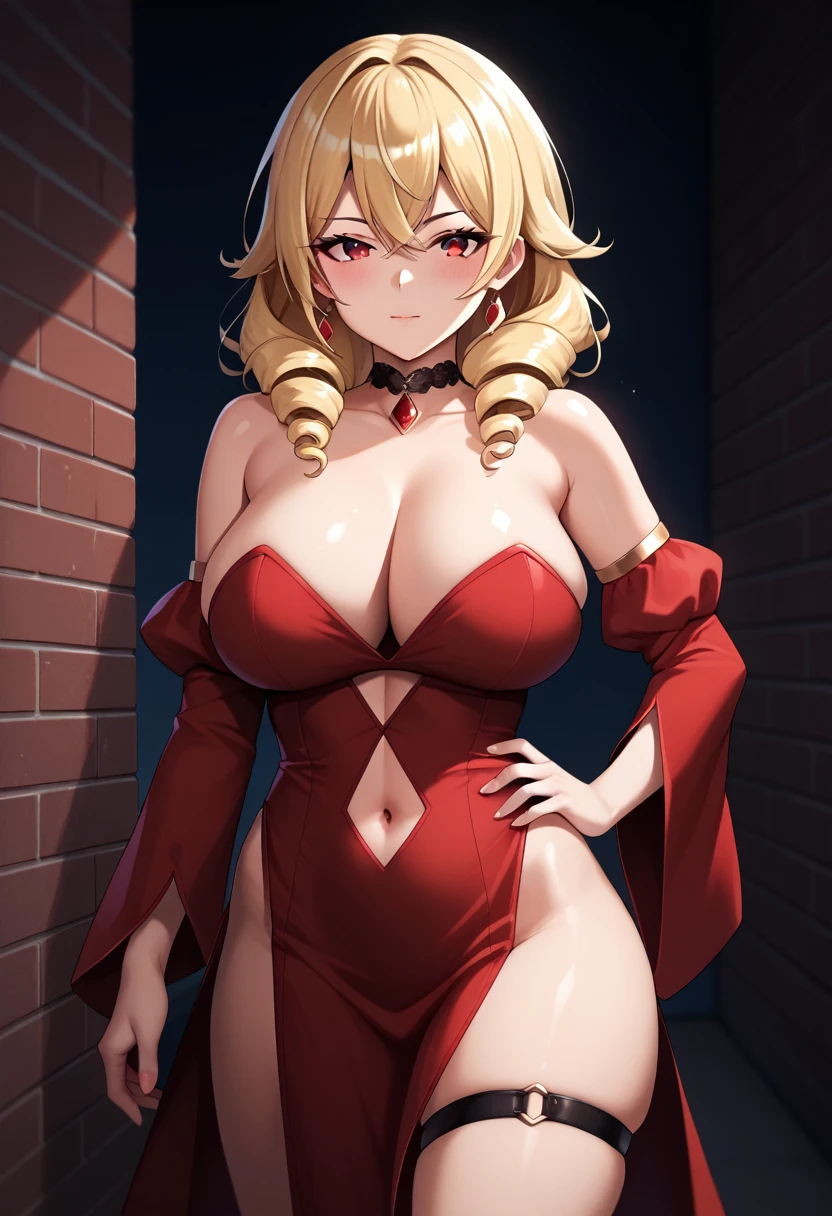 masterpiece, best quality, 1girl, bare_shoulders, blonde_hair, blush, breasts, brick_wall, center_opening, choker, cleavage, closed_mouth, clothing_cutout, detached_collar, detached_sleeves, dress, drill_hair, hand_on_own_hip, hands_on_own_hips, huge_breasts, jewelry, long_hair looking_at_viewer, looking_to_the_side, navel, navel_cutout, pelvic_curtain, red_dress, ((red_eyes)), revealing_clothes, skindentation, solo, strapless, strapless_dress, swept_bangs, thigh_strap, thighs