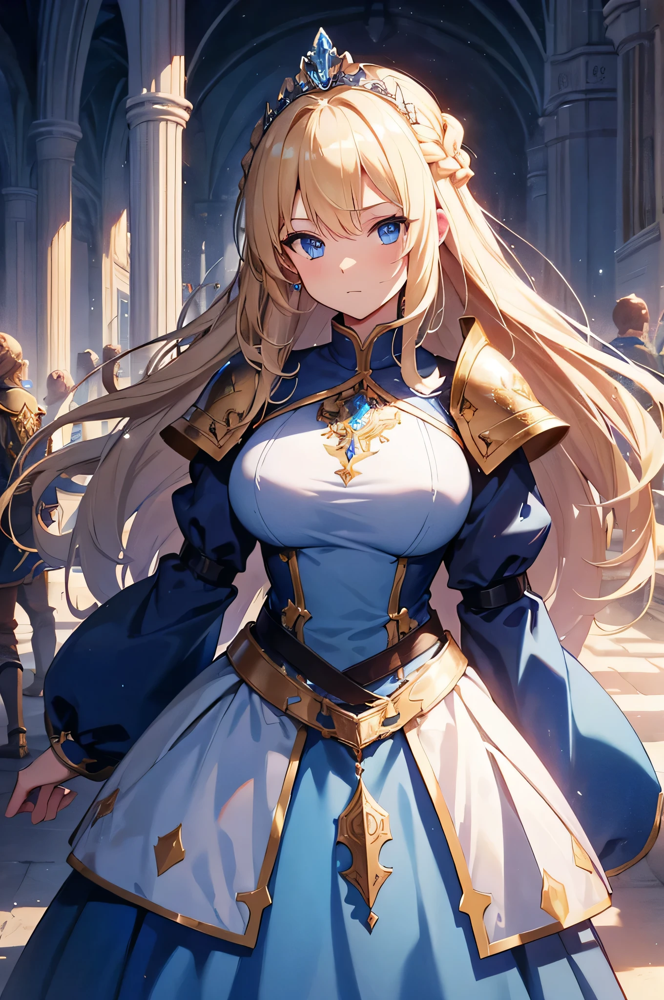 4K,High resolution,One Woman,Blonde,long hair,Braid,Blue Eyes,Big Breasts,Princess Knight,Light blue princess dress,knight armor,Full Armor,Princess Tiara,Jewelry decoration,Holy Sword,Medieval castle