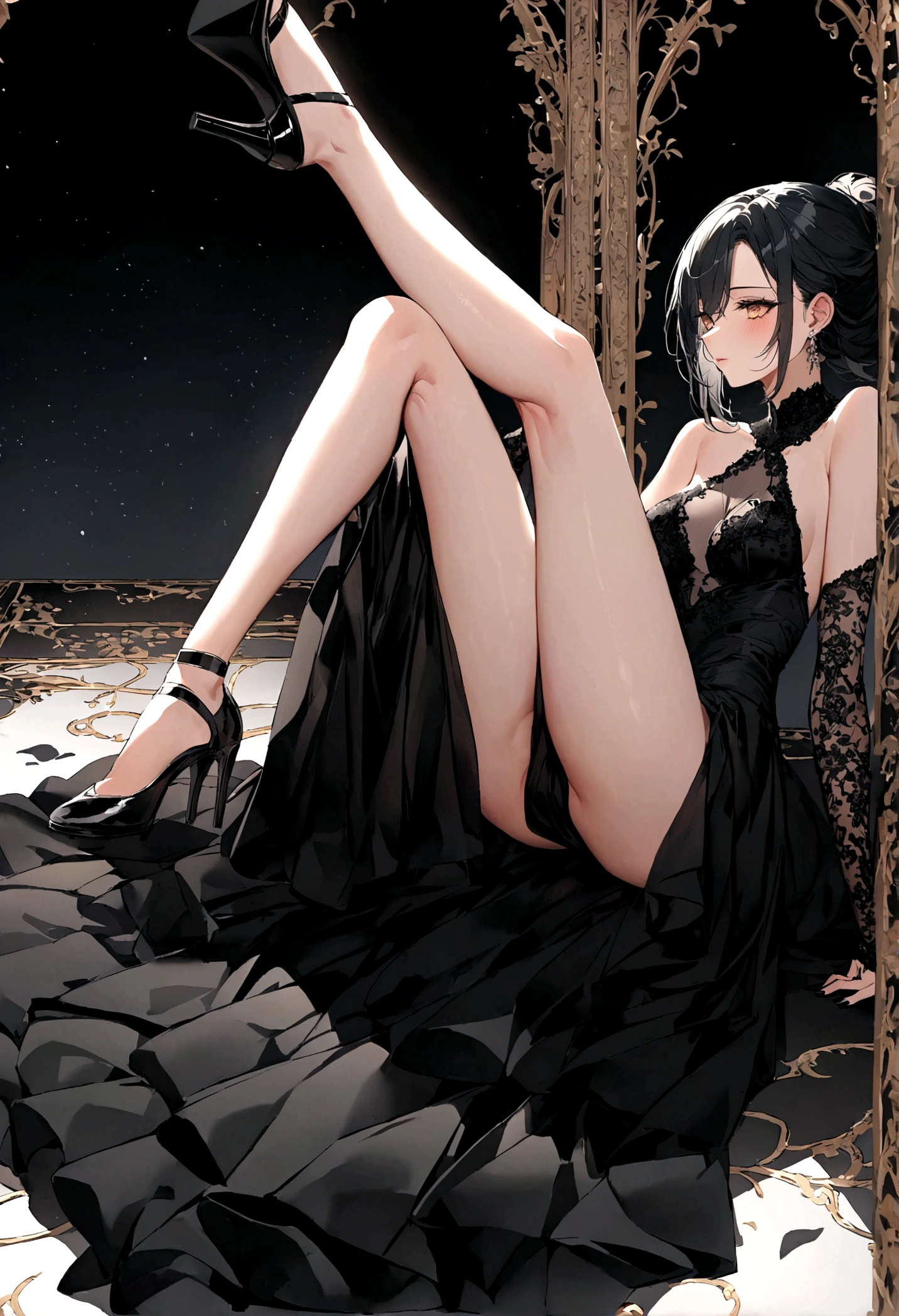 Breaking the Sky Comics Xiao Xuner,Lace hollow transparent sling pure black evening dress high heels,Sit on the ground with your legs split to the left and right