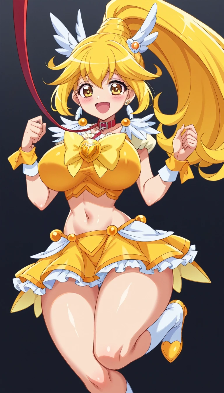 score_9, score_8_superior, score_7_superior, indoor, Black background room,
Break Source_anime, 
Break 1 Girl, Cure Peace, ponytail, Yellow Hair, Choose large nipples, Huge breasts, Happy,  Voice of the Heart, 
Yellow Magical Girl, belly button, Wing hair ornament, Crop top, Ruffled wrist cuffs, Frilled Skirt, Knee socks, String, Animal Collars, Audience holding leash,
expensive, Long legs, Glowing Skin, Oily skin, Shiny skin, heavy breinhing, Wide Hips, Tight waist, Thick thighs,
Contrasting, 
Looking_in_Audience,