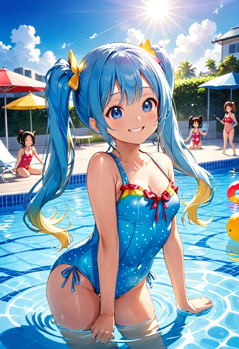 Summer sky Summer sunshine Beautiful girl playing in the pool Light blue long hair Beautiful girl with twin tails One piece swimsuit Many little characters are playing in the pool. Bright smile