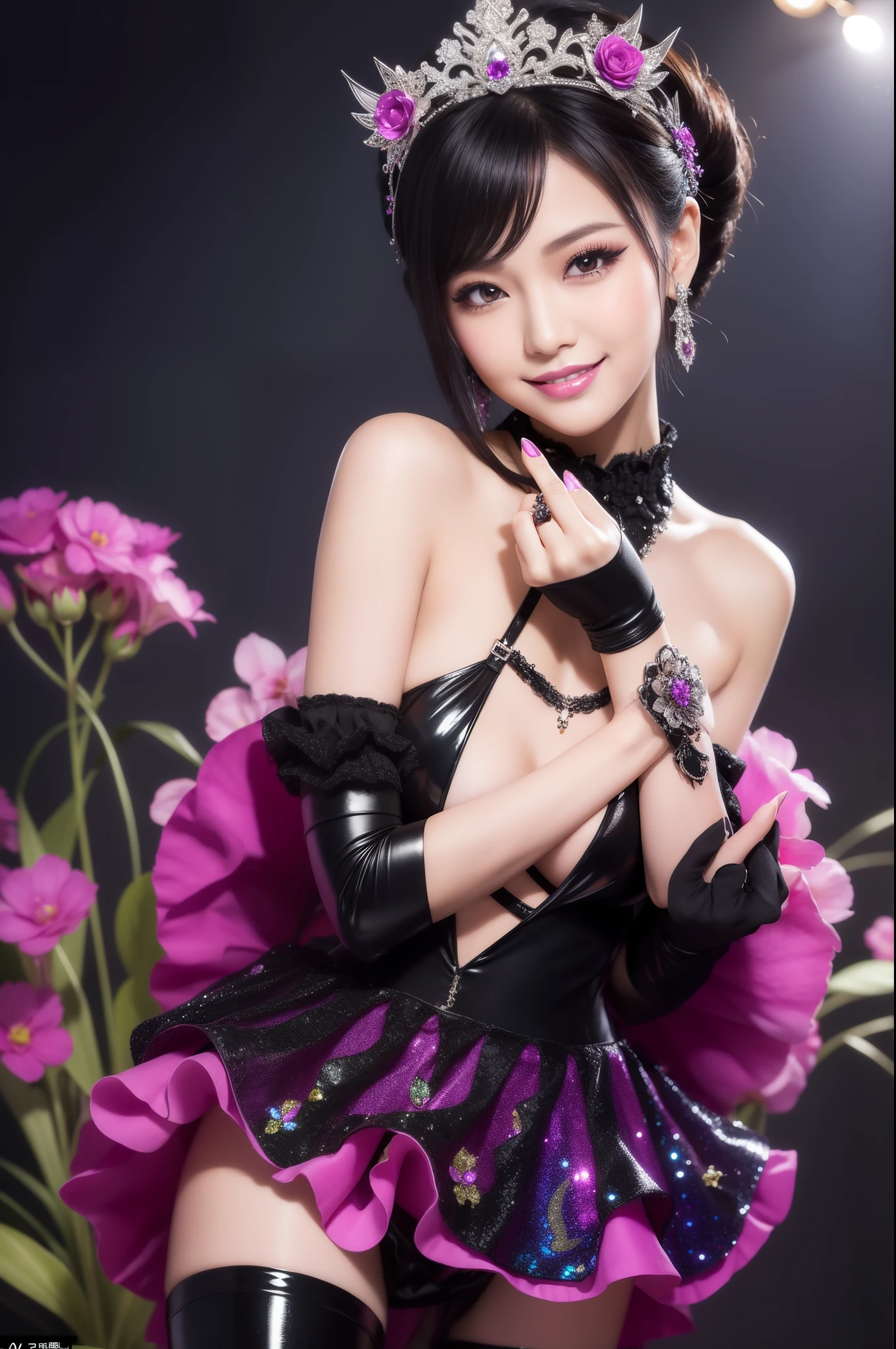 sexy Thai model who controls poison、smiling face、lipgloss、long lashes、gothic makeup、look at the camera、full body Esbian、、sparkling poisoned flower costume、、、、sparkling Colorful short hair、secrete poison、skull hair accessories、ultra detailed tights、shiny sparkling flowers background