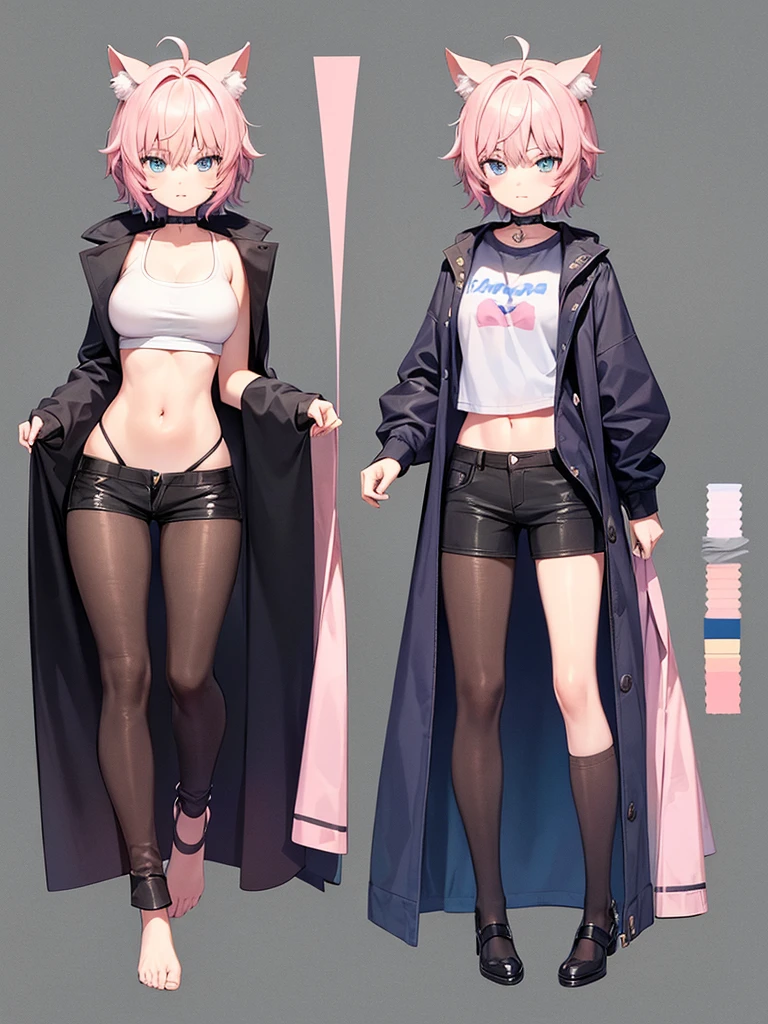 A catgirl named Harifes who is 15 and has a nice body and likes simple clothes, She has short hair that is pink and blue which are her favorite colours, perfect body and good image detailed