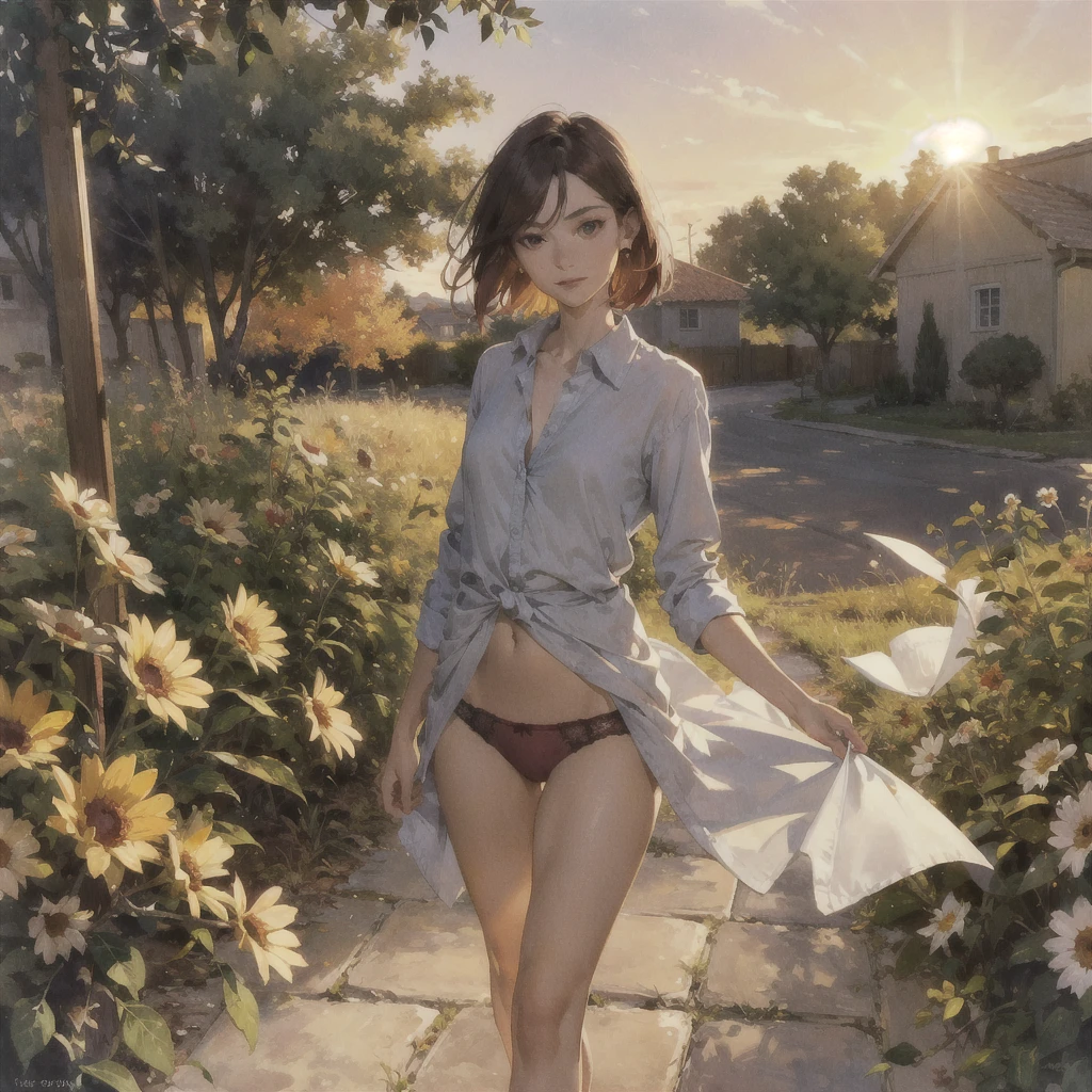 Exquisite, slender, delicate girl of with a perfect gentle face of the southern type (with short dark burgundy hair) with freckles (with ruby earring) in the rays of the rising sun, naked with tender bare breasts with pink swollen nipples ((barefoot)) ((in an unbuttoned open burgundy shirt over a naked body and in small burgundy panties)) (on the veranda in the garden) Drinks (coffee) and looks at the flowers, in watercolor style, discreet light shades, Flares, (imitation of film photography), against the sun, a lot of sun glare, light fills the frame, olive and grape groves, strong wind, Brick Road, high image quality, Maximum detail, sunset lighting, Warm evening shades, (warm golden and olive sunset light), big space eyes, olive and grape groves, Brick Road