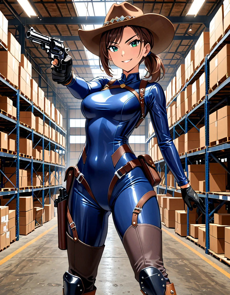 masterpiece, best quality, 1lady, solo, solo focus, (tall body), hispanic, brown hair, short hair, ponytail, blue-green eyes, medium breasts, beautiful detailed eyes, beautiful detailed face, smirk, ((brown cowboy hat)), (bodysuit, (solid blue bodysuit, leotard, dark blue leotard, tight dark grey leggings), perfect fit), long sleeves, (gloves, dark blue gloves, matching gloves, boots, combat boots, dark blue boots, matching boots), drop-down pistol holster, knee pads)), ((pointing pistol at the viewer, revolver)), full body, cowboy shot, empty warehouse, danger atmosphere.