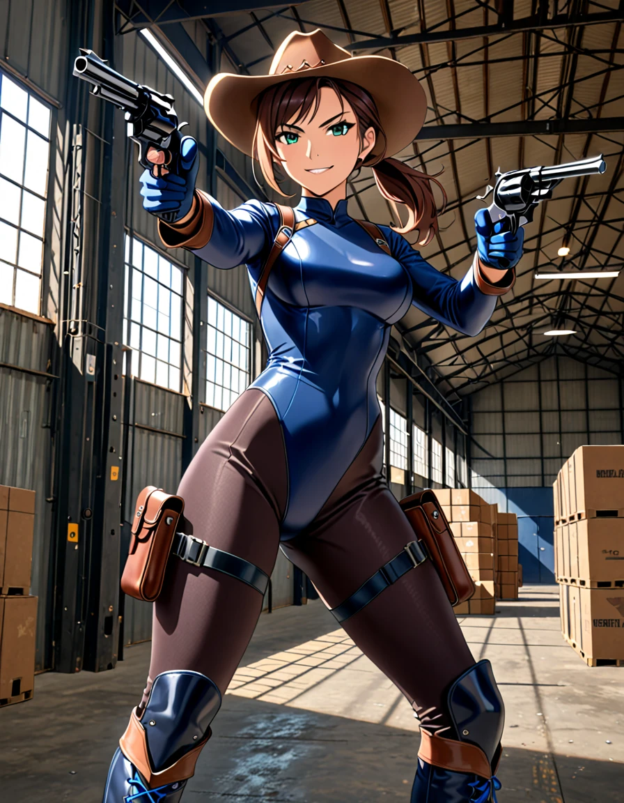 masterpiece, best quality, 1lady, solo, solo focus, (tall body), hispanic, brown hair, short hair, ponytail, blue-green eyes, medium breasts, beautiful detailed eyes, beautiful detailed face, smirk, ((brown cowboy hat)), (bodysuit, (solid blue bodysuit, leotard, dark blue leotard, tight dark grey leggings), perfect fit), long sleeves, (gloves, dark blue gloves, matching gloves, boots, combat boots, dark blue boots, matching boots), drop-down pistol holster, knee pads)), ((pointing pistol at the viewer, revolver)), full body, cowboy shot, empty warehouse, danger atmosphere.