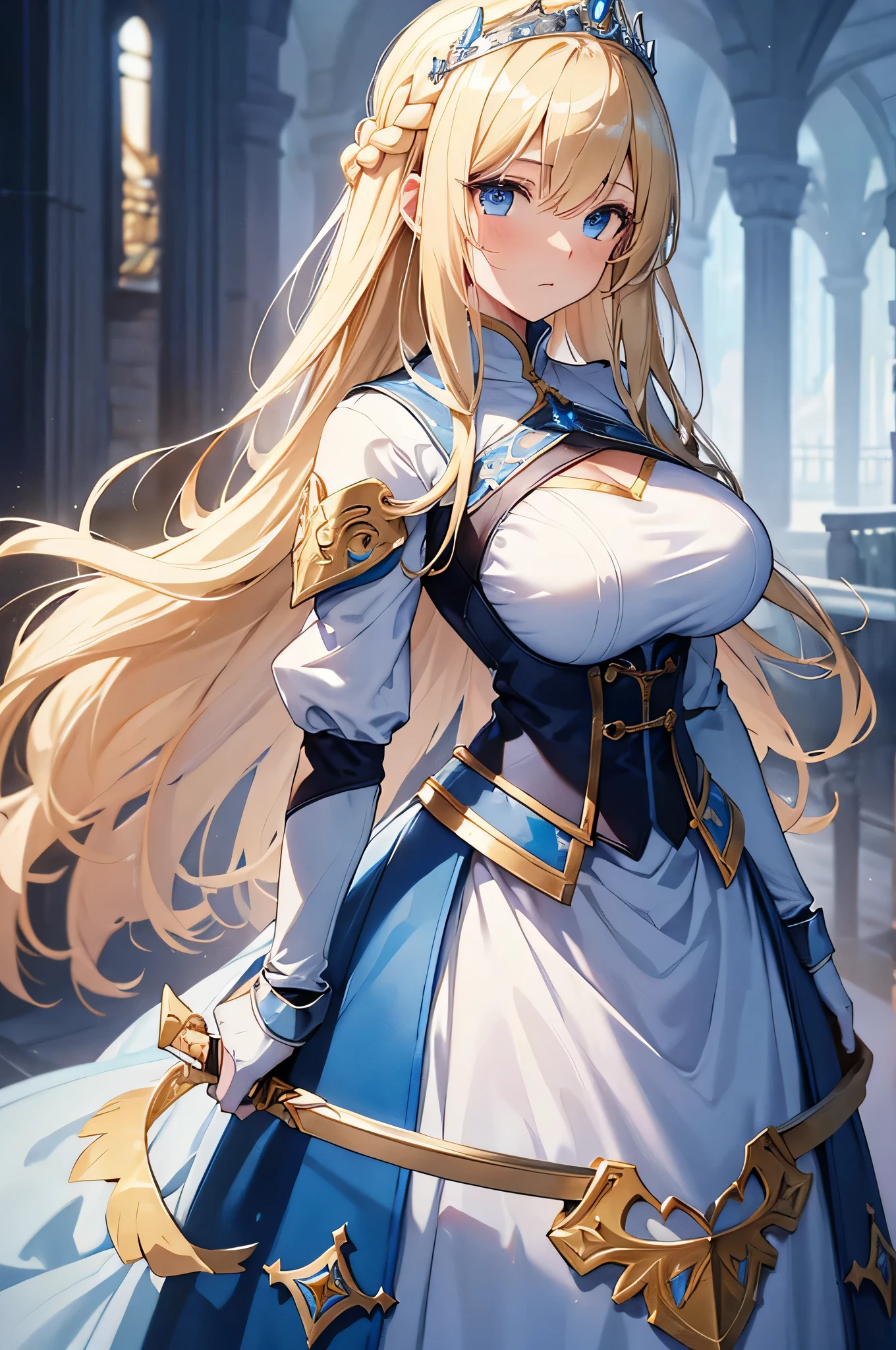 4K,High resolution,One Woman,Blonde,long hair,Braid,Blue Eyes,Big Breasts,Princess Knight,Light blue princess dress,Light blue knight armor,Full Armor,Princess Tiara,Jewelry decoration,Holy Sword,Medieval castle