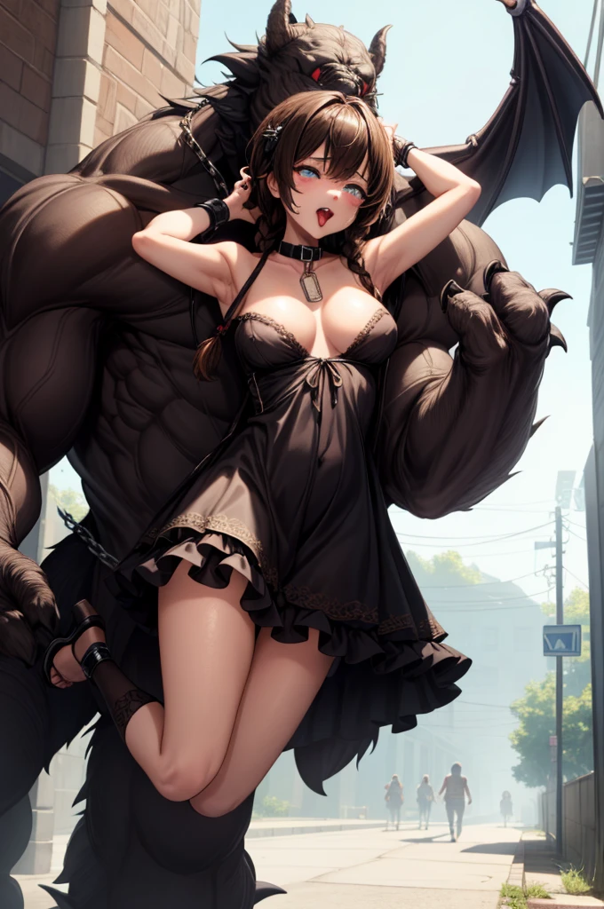 (best quality, masterpiece, uncensored, high quality, ultra detailed, extremely detailed CG, beautiful face, beautiful eyes), solo, (1girl, (((dark brown hair, streaked hair, Hair Flaps, short braid)))), (((((frilled dress, collar, clothing aside, see through))))), (((((extremely awesome detailed deep-silky-healthy-lackwarm-foundational-baby face))))), nsfw, peeing, pussy, skindantation, hiqcgbody, (tan), (outdoors, alley:1.2), masterpiece,best quality,(size difference:1.4),(huge male necromancer,(monster:1.3),vampire standing:1.3), meatshield style and (1girl) and (monster sex), motion lines,(suspension,reverse suspended congress),(absurd stomach bulge), collar, chain,cum, penis, tears, small breasts, nipples,large insertion,teeth, bound, bdsm,rolling eyes, vaginal,bondage,navel, tongue, open mouth, crying with eyes open, pussy, ahegao, tongue out, spread legs, (legs up),restrained, testicles,fucked silly, cuffs, nude, black collar,veins,arms up, (eerie atmosphere, horror theme), suspenders, (extremely awesom e detailed and ribbon:1.3),(extremely awesome detailed deep-silky-healthy-lackwarm-foundational-soft-skin:1.1), (extremely awesome detailed gleaming skin), (extremely awesome detailed pretty face, extremely awesome detailed eyes, extremely awesome detailed shiny hair:1.2), (embarrassed, closed mouth:1.4), extremely awesome detailed dynamic lighting, extremely awesome detailed caustic, extremely awesome detailed deep shadows,(best quality, highres, absurdres, extremely awesome detailed CG unity 8K HDR wallpaper, perfect anatomy:1.1),(extremely awesome detailed realistic, extremely awesome detailed 3d:1.0)