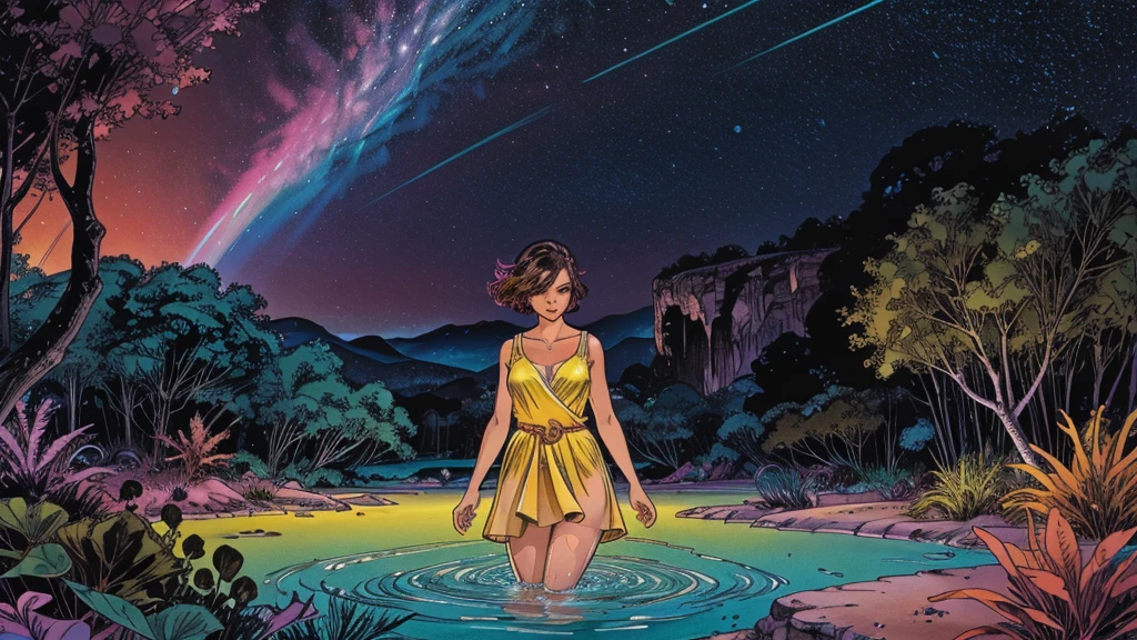 A photorealistic cute, slender aerobics instructor with very short brown hair, very short brown hair, very short brown hair, very short brown hair, brown eyes, and dimples, standing confidently in a fantastical landscape. She's wearing a flowing, elegant gown that complements her figure. The background features floating islands covered in bioluminescent plants, cascading waterfalls of rainbow colors, and giant crystalline structures that refract light. Vibrant colors include deep purples, electric blues, neon pinks, and shimmering golds. The lighting is ethereal, with a soft glow emanating from the plants and crystals. Broad strokes of bright, contrasting colors sweep across the sky, reminiscent of an abstract painting - vibrant oranges, lime greens, and vivid magentas create a striking contrast against the fantastical elements.