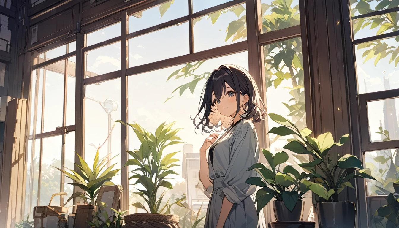 (Highest quality)woman,In front of a large window,Asahi,sunny,plant