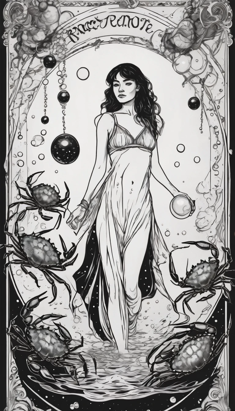 Line Art Black Ink of woman young emerging full body view, barefoot, of a tarot card bubbles and some crabs on background, a banner in the center has text in cursive style "Cancer", illustration, photo, typography, painting, dark fantasyLess
