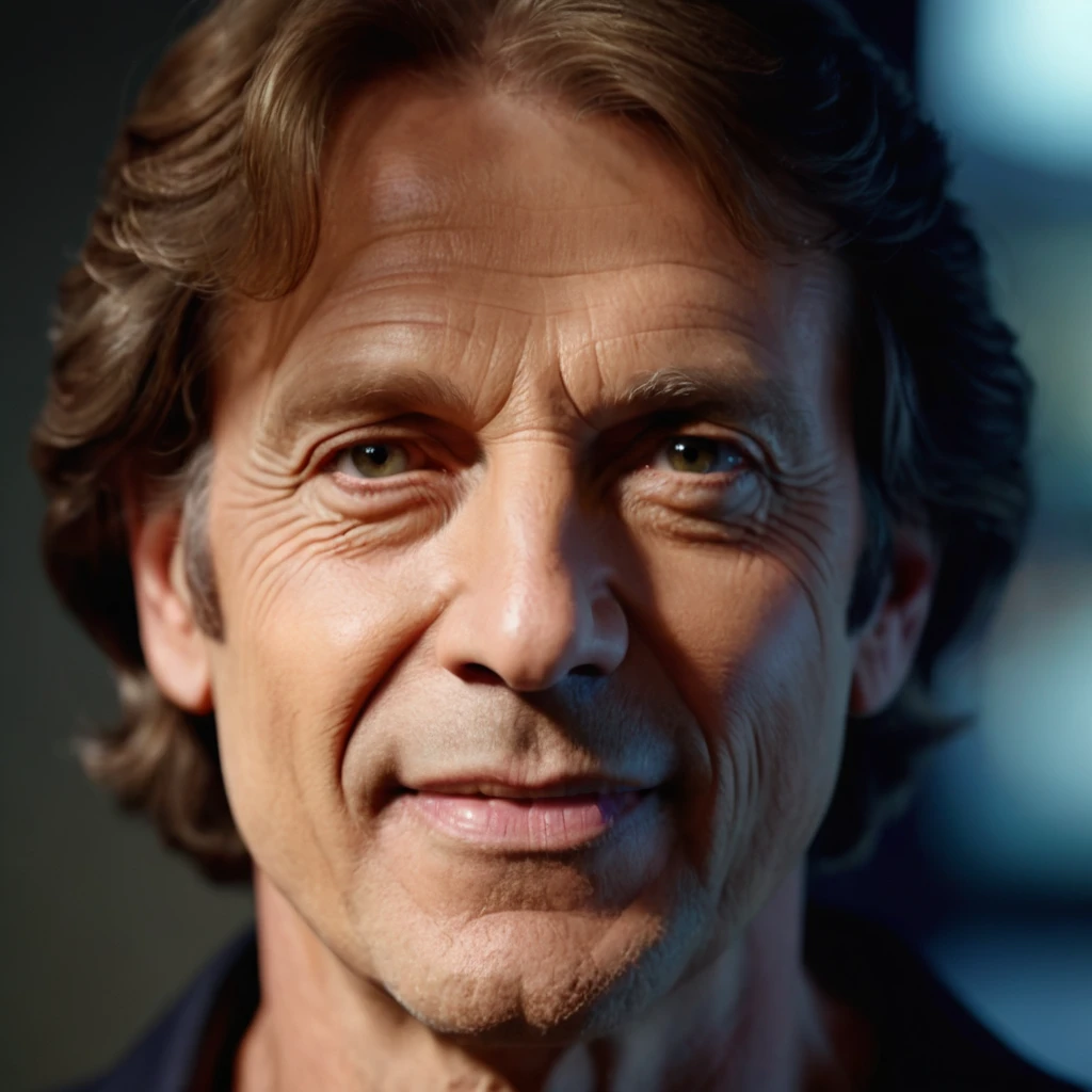 a dynamic photorealistic close-up portrait of a 50 years old LEONARD ZIEGLER, frontal view, of german origin, caucasian male, light skin, dark blonde hairs, perfect anatomies, detailed face, detailed skin, detailed eyes and mouth, well aligned teeth, high quality, 4k resolution, photographic, hyperrealistic, a vibrant colored background, blurry background, color graded background, more detail XL, photorealistic, 