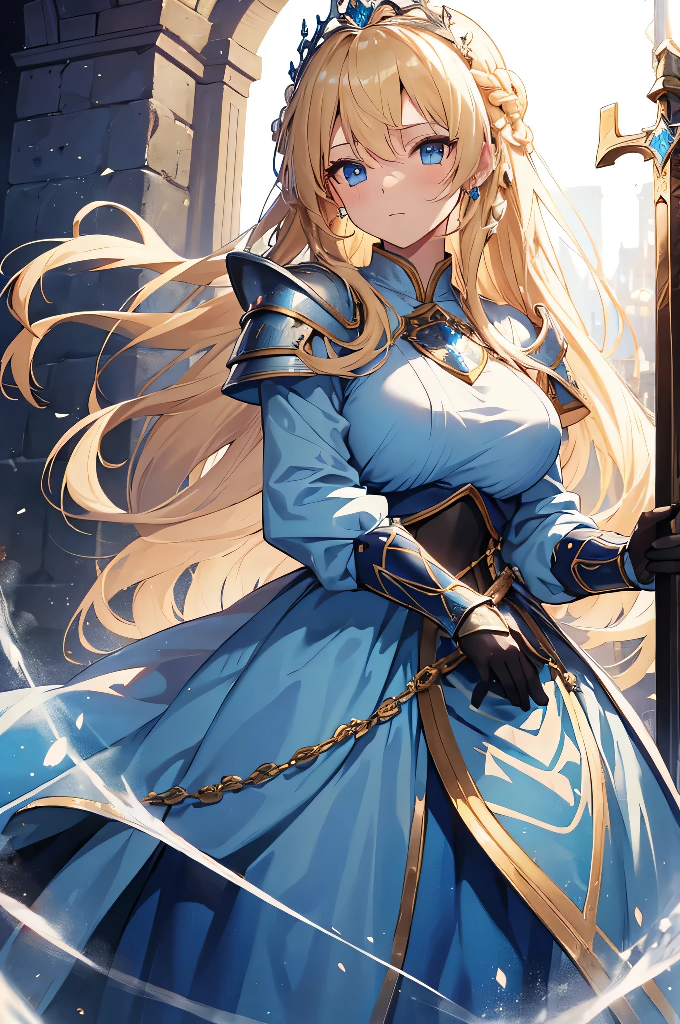 4K,High resolution,One Woman,Blonde,long hair,Braid,Blue Eyes,Big Breasts,Princess Knight,Light blue princess dress,Light blue knight armor,Full Armor,Princess Tiara,Jewelry decoration,Holy Sword,Medieval castle