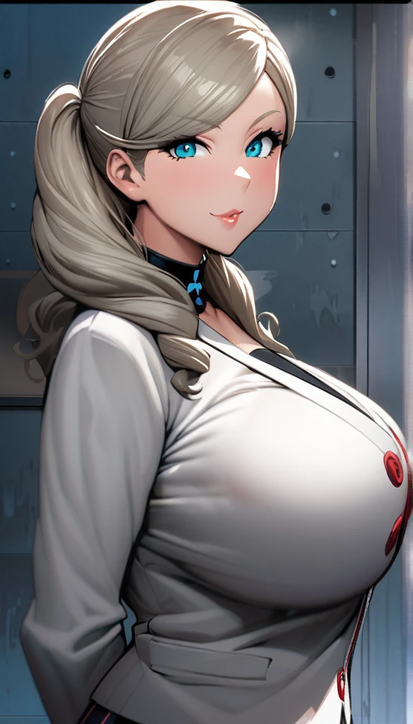 takamaki an,1girl,solo,Shuujin academy uniform,Super huge breasts,looking at viewer,near,Shuujin academy back ground