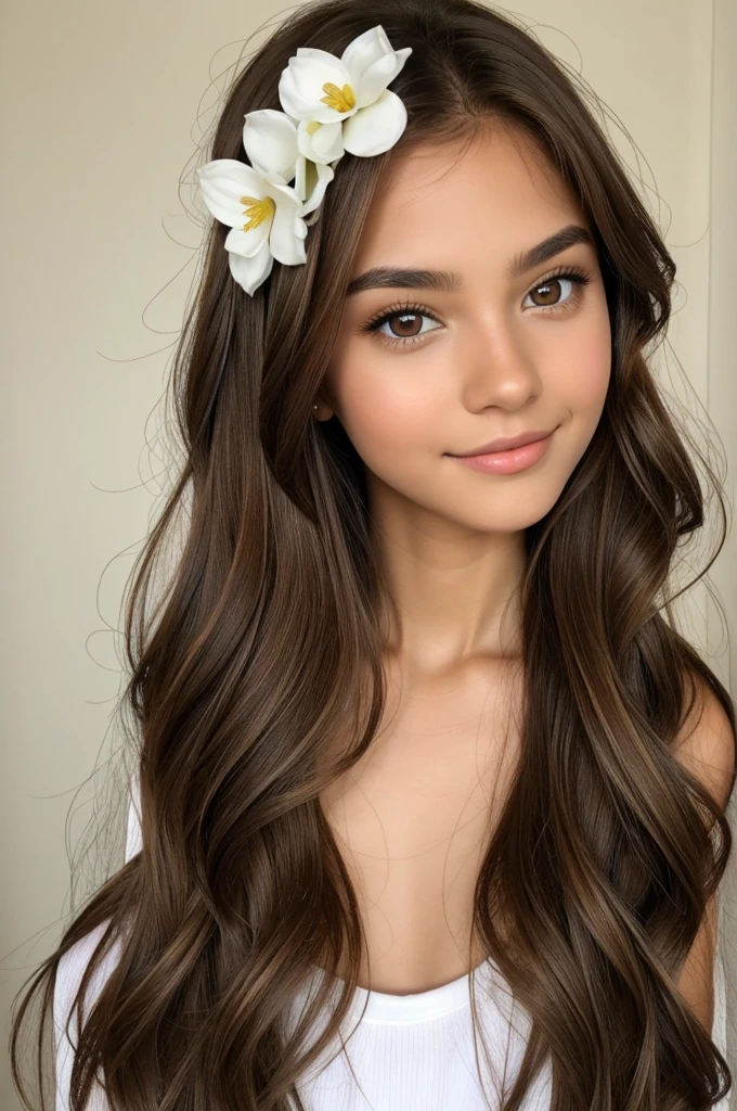 Pretty brown hair girl, light brown eyes, and white skin
