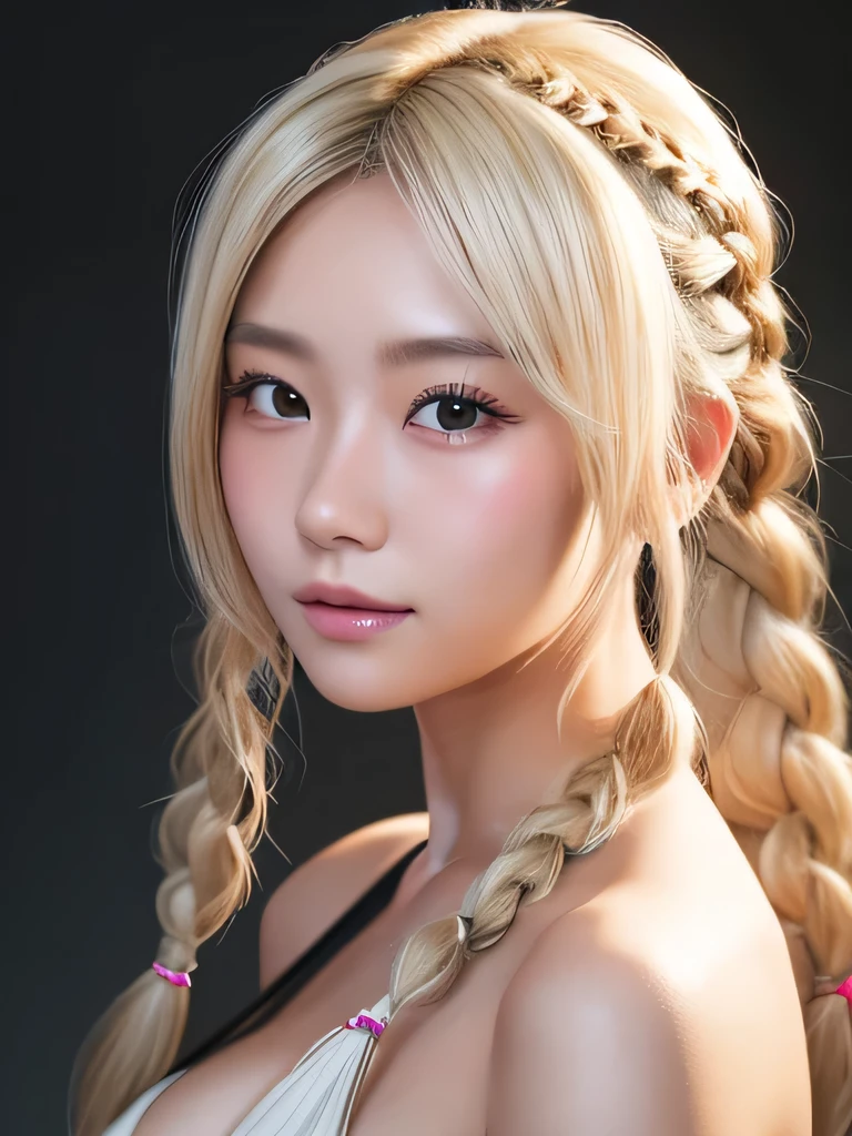(Tabletop:1.4, Photorealistic:1.4, 8K), Highest quality, masterpiece, Ultra-high resolution, Perfect dynamic composition, Big Face、Round face、((Platinum Blonde Hair:1.0、Long Curly Hair, Braiding))、Highly detailed skin and facial textures:1.3, Limb details, 1 Girl, Cute and sexy 22 year old Japanese girl, (Sunburned skin:1.0), Tilt'head, ((Totally captivates you:0.9)), ((school uniform、Zippered mini skirt)),Medium Chest, (avert your eyes、Beautiful Eyes, blue eyes、Beautiful erotic eyes:0.85), Sexy Face:0.4, (Mouth closed、Small Mouth、Thick lips、A taste of beautiful eroticism:0.85), ((Too cute beauty:0.9))、Gal Makeup、((Extreme close up)), (ahegao)