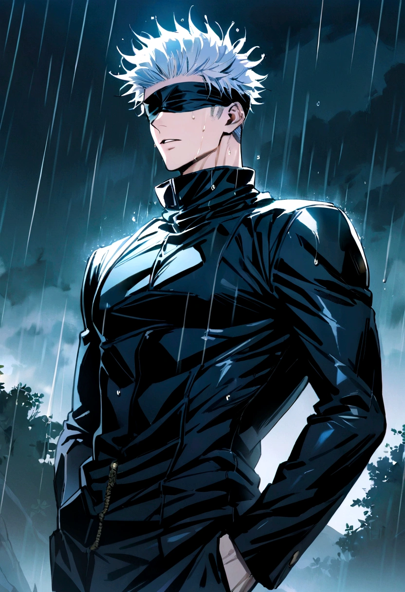 1boy, male focus, satoru gojou, jujutsu kaisen, black uniform, slim body, black blindfold, parted lips, high collar, outdoors, rain, pectoralasterpiece), (best quality), (ultra-detailed), very aesthetic, illustration, disheveled hair, perfect composition, moist skin, intricate details
